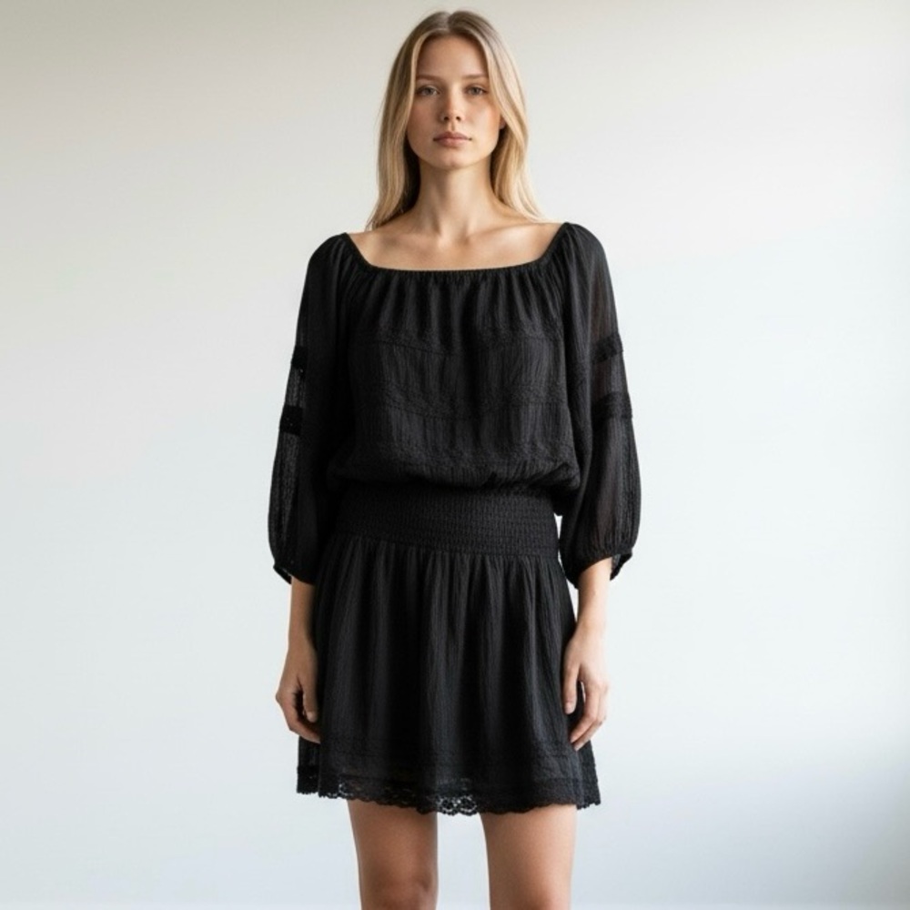 Debbie Katz Elegant Black‎ Crochet Lace Long Sleeve Midi Dress